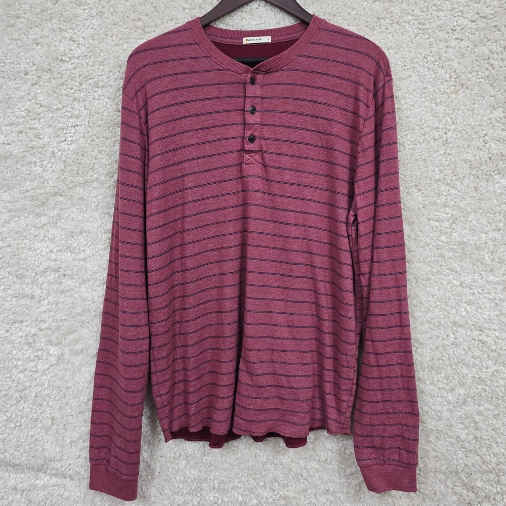 Marine Layer Henley Shirt Mens Large Burgundy Striped Long Sleeve Casual